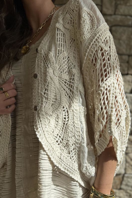 Benito Crochet Cotton Alba Cardigan Stone